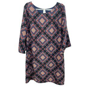 Gibiu Shift Black Geometric Dress Keyhole 3/4 Sleeves Medium‎ Boho 70’s Retro